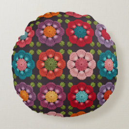  20 Daisy Floral Pattern Pouf - Black Decorative  Rond Kussen