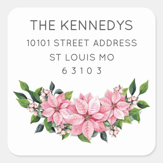20 Elegant Pink Poinsettia Swag Address Vierkante Sticker (Voorkant)