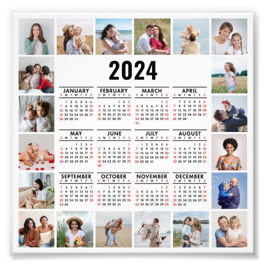 20 Fotocollage 2024 Jaar in een oogopslag Kalender Foto Afdruk (Voorkant)