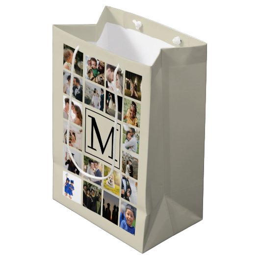 20 fotocollage Black Biege Pattern grootouders Medium Cadeauzakje (Voorkant Gekanteld)