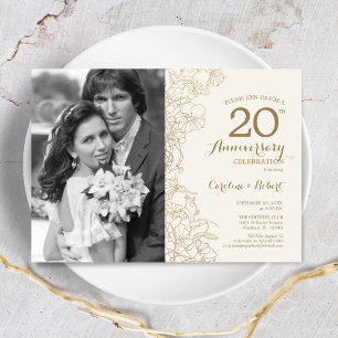 20-jarig jubileum met foto - ivoorgouden bloem kaart