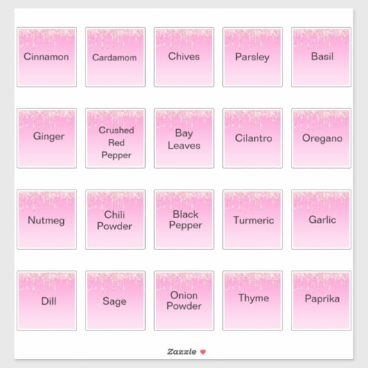 20 keukenkruiden en specerijen, roze glitters labe sticker (Vel)