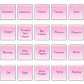 20 keukenkruiden en specerijen, roze glitters labe sticker (Voorkant)