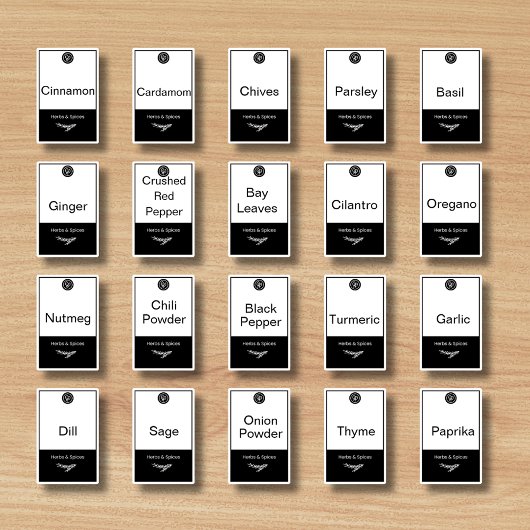 20 keukenkruiden en specerijen, zwart en wit trend sticker