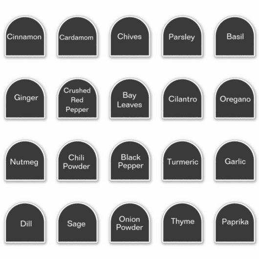 20 keukenkruiden en specerijen, zwart-wit label (Voorkant)