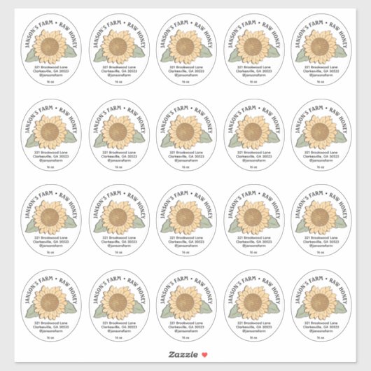 20 Klein Ovaal Honing Label met Zonnebloem (Vel)