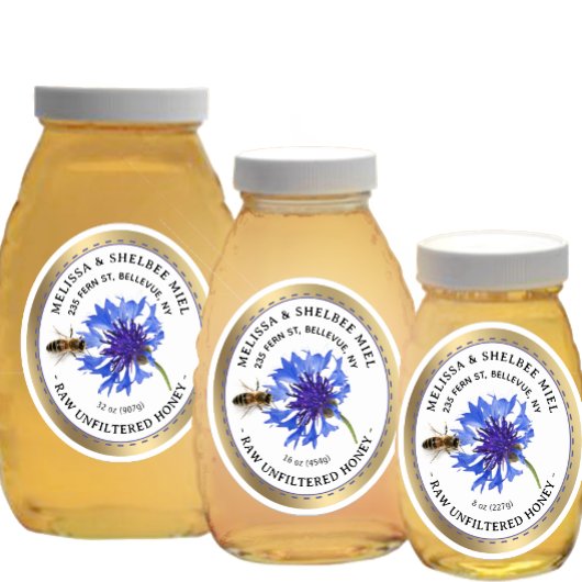 20 Kleine Jar Ovaal Blauw Bloem Honing Label en Be