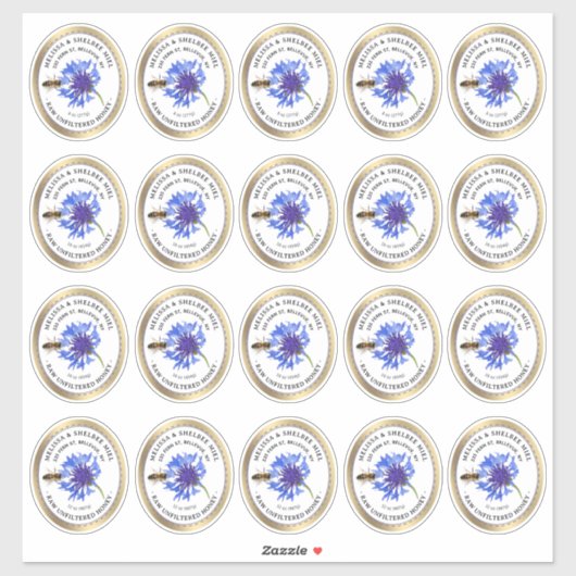 20 Kleine Jar Ovaal Blauw Bloem Honing Label en Be (Vel)