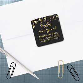 20 Return Address Label, Black & Gold Stars Vierkante Sticker