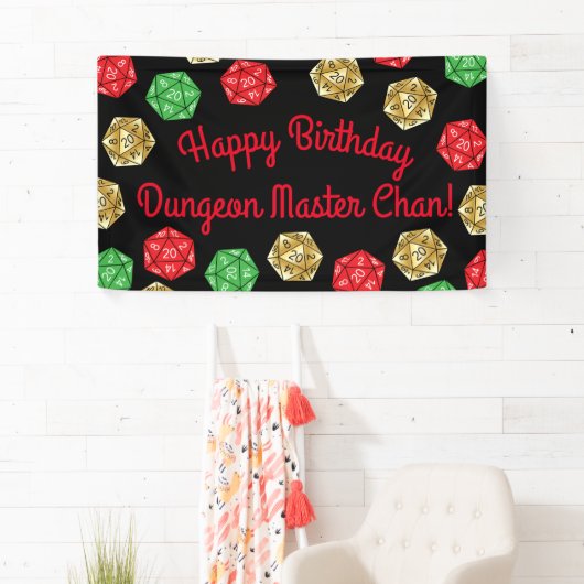20 Sided Dice DND Game Verjaardag Groen Rood Goud Spandoek (Insitu)