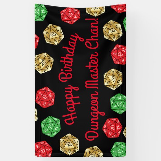20 Sided Dice DND Game Verjaardag Groen Rood Goud Spandoek (Verticaal)