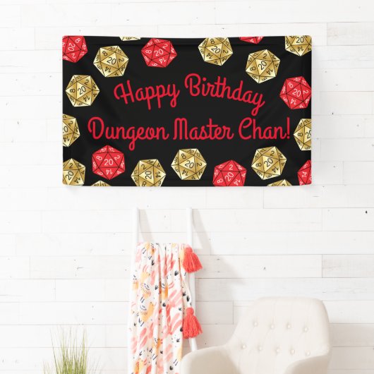 20 Sided Dice DND Game Verjaardagsfeestje Rood Gou Spandoek (Insitu)