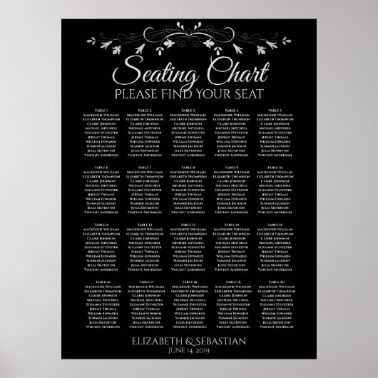 20 Tabel Elegant Black Wedding Seating Chart Poster (Voorkant)