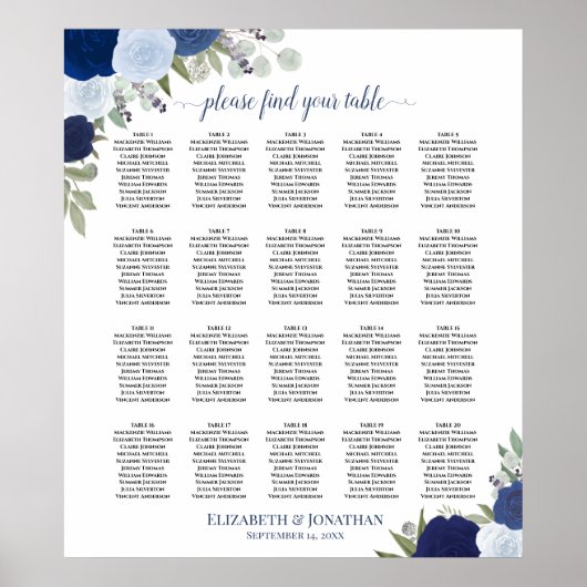 20 Tabel Elegant Blue Floral Wedding Seating Chart Poster (Voorkant)