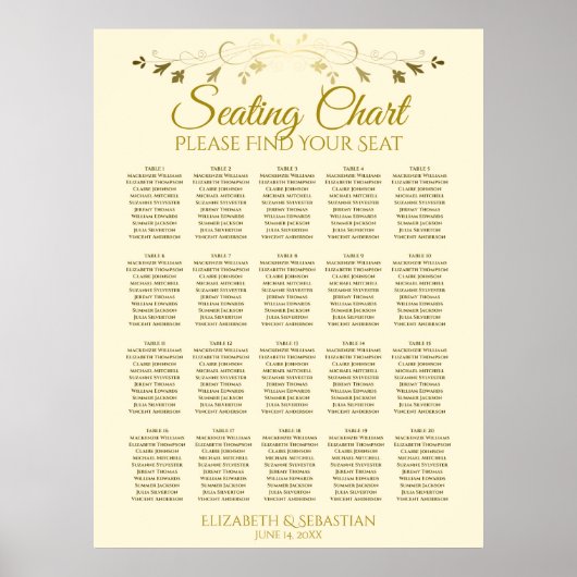 20 Tabel Elegant Gold Cream Wedding Seating Chart Poster (Voorkant)