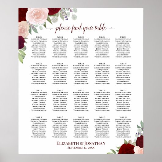 20 Tabel Rood en roze Floral Wedding Seating Chart Poster (Voorkant)
