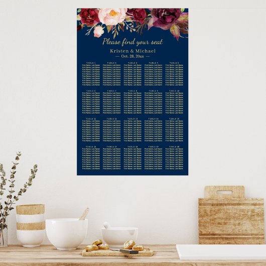 20 Tables Burgundy Floral Wedding Seating Chart Poster (Keuken)