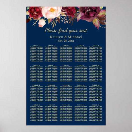 20 Tables Burgundy Floral Wedding Seating Chart Poster (Voorkant)