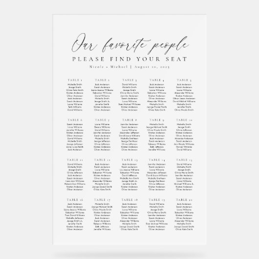 20 Tables Favorite People Acrylic Seating Chart Acryl Bord (Voorkant)