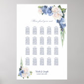 20 Tafel Blauw Wit Rose Bloemen Zitting Grafiek Poster (Voorkant)