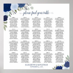 20 Tafel Elegante Blauwe Bloemige Trouwzaalstoelin Poster