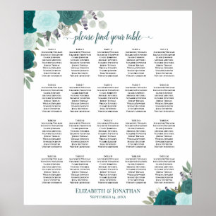 20 Tafel Elegante Blauwgroen Bloemenbruiloft Zitka Poster