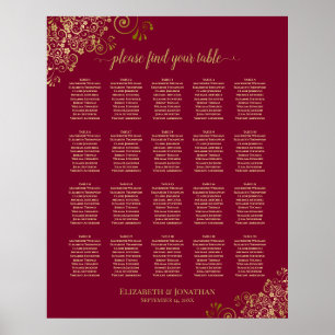 20 Tafel Elegante Bordeaux & Gouden Zitplaatskaart Poster
