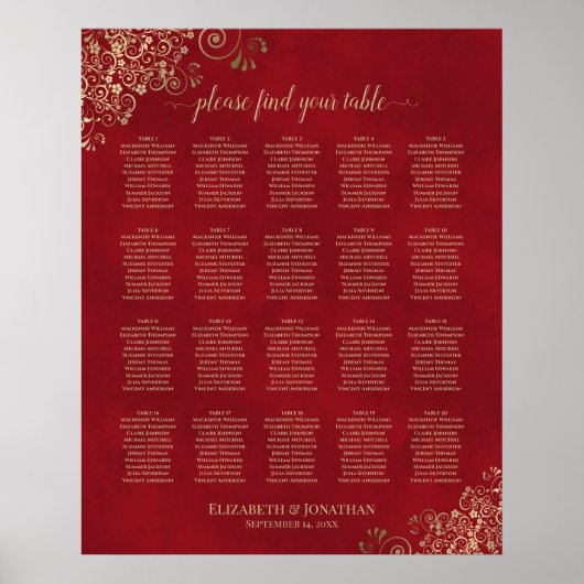 20 Tafel Gold-vriendjes op de Rood Wedding Seating Poster (Voorkant)