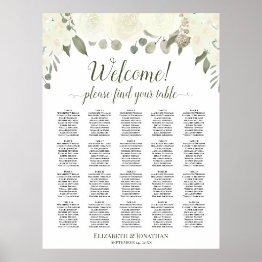 20 Tafel Ivory White Roses Wedding Seating Chart Poster (Voorkant)
