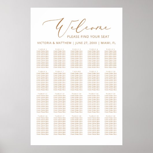 20 tafel minimalistische gouden bruiloft zitgrafie poster (Voorkant)