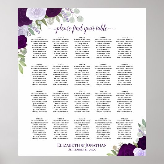 20 Tafel Paarse Boho Bloemen Bruiloft Zitkaarten Poster (Voorkant)
