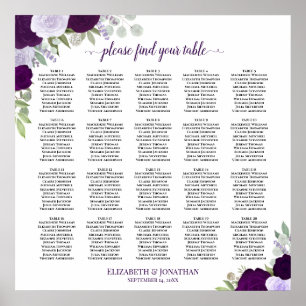 20 Tafel Paarse Boho Bloemige Trouw Zittijd Chart Poster