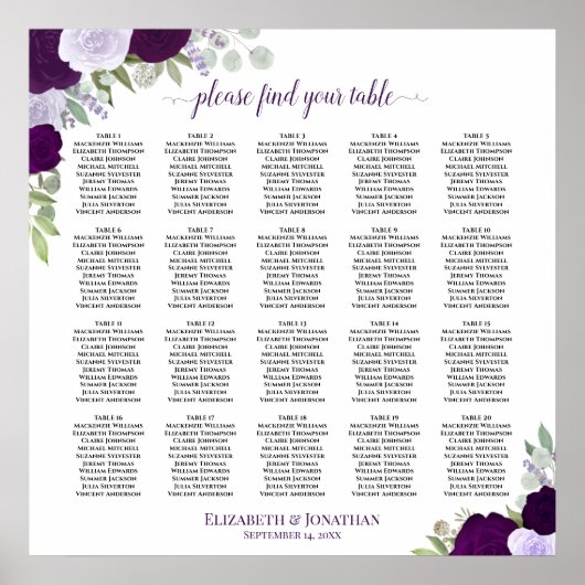 20 Tafel Paarse Boho Bloemige Trouw Zittijd Chart Poster (Voorkant)