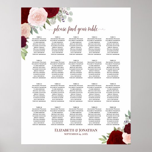 20 Tafel Rood & Roze Bloemstuk Bruiloft Zitplaats  Poster (Voorkant)