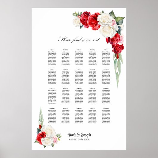 20 Tafel Rood Wit Rose Bloemen Zitting Grafiek Poster (Voorkant)