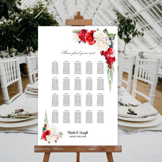 20 Tafel Rood Witte Roos Bloemstuk Stoelenindeling Poster