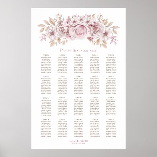 20 Tafel Roze Bloemen Huwelijk Zitting Grafiek Poster (Voorkant)