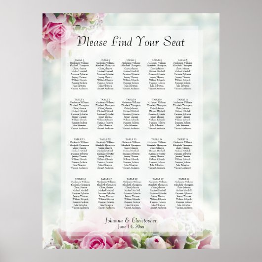 20 Tafel roze rozen weddenschappen Poster (Voorkant)