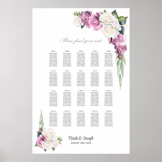 20 Tafel Roze Witte Roos Bloemen Zitting Grafiek Poster (Voorkant)