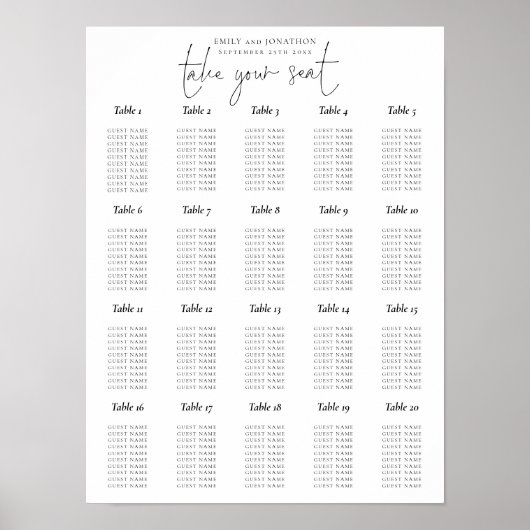 20 Tafel Script Zwart en Wit Zitplaats Chart Poster (Voorkant)