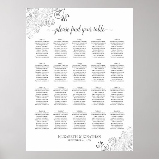 20 Tafel Silver Frills Wedding Seating Chart White Poster (Voorkant)