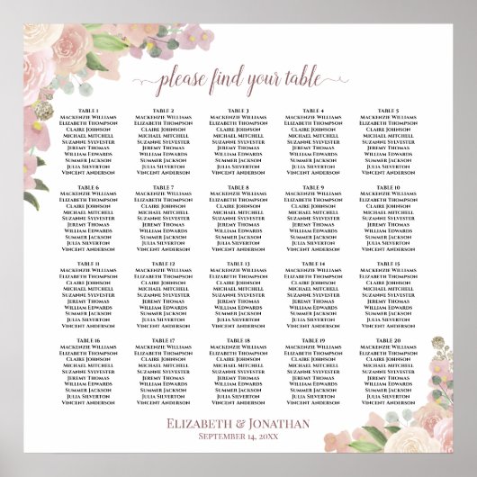 20 Tafel Stof Roze Bloemige Trouw Zittijd Chart Poster (Voorkant)
