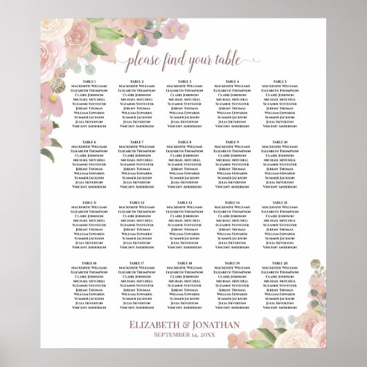 20 Tafel Stusty Pink Floral Wedding Seating Chart Poster (Voorkant)