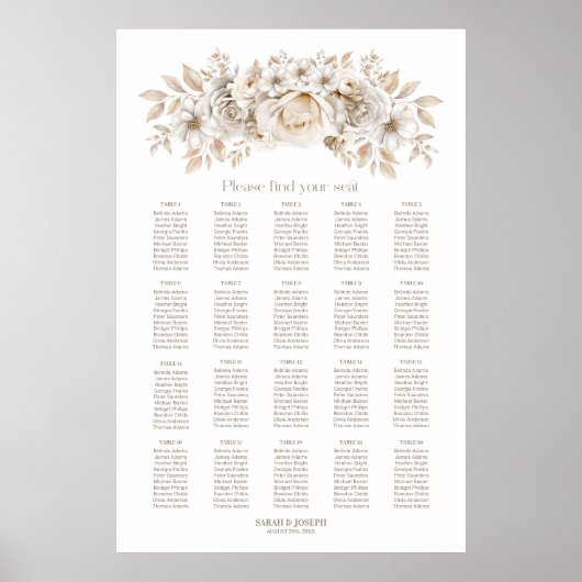 20 Tafel Wit Bloemen Bruiloft Zitkaarten Poster (Voorkant)