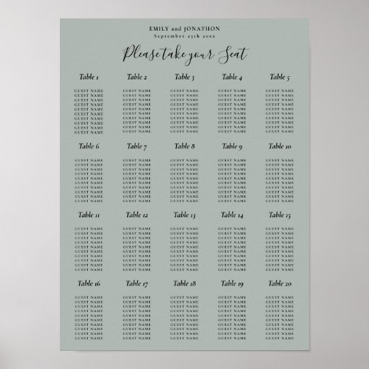 20 Tafel Zitplaats Chart Sage Groene Poster (Voorkant)