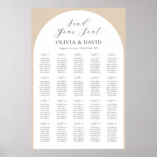 20 Tafels Beige Arch Vind uw zitplaatskaart Poster (Voorkant)