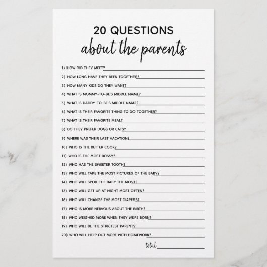 20 Vragen Minimalistisch Baby shower spel (Voorkant)