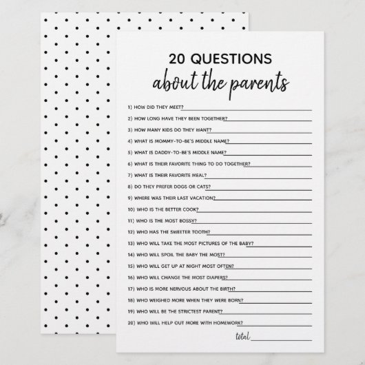 20 Vragen Minimalistisch Baby shower spel (Voorkant / Achterkant)