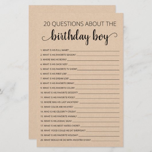 20 Vragen over de Birthday Boy Birthday game (Voorkant / Achterkant)