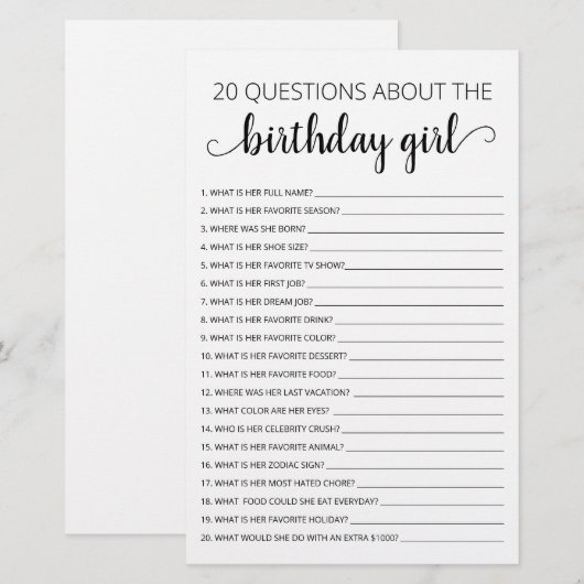 20 Vragen over de Birthday Girl Birthday game (Voorkant / Achterkant)